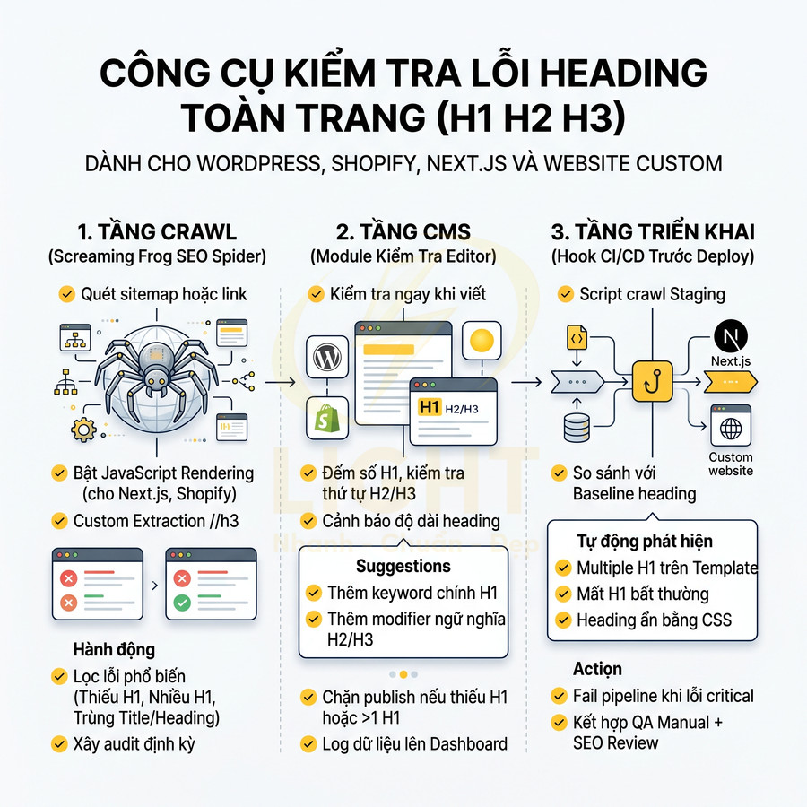 Công cụ kiểm tra lỗi heading H1 H2 H3 cho website WordPress Shopify Next.js và site custom