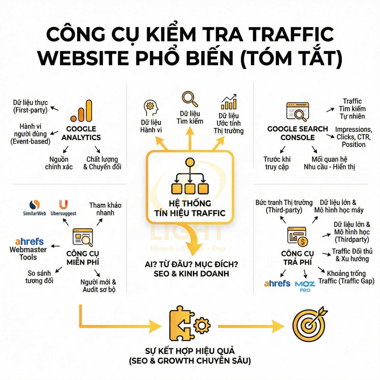 Các công cụ kiểm tra traffic website phổ biến như Google Analytics, Google Search Console, Ahrefs, SimilarWeb