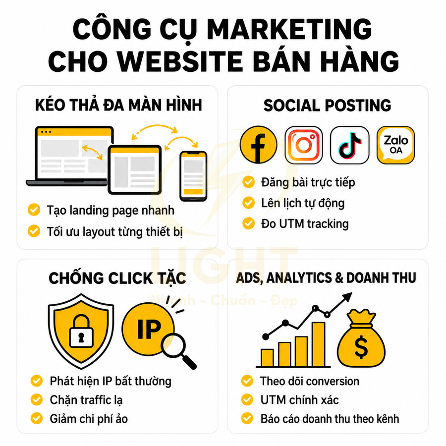 Công cụ marketing cho website bán hàng với kéo thả landing page, social posting, chống click tặc và theo dõi doanh thu