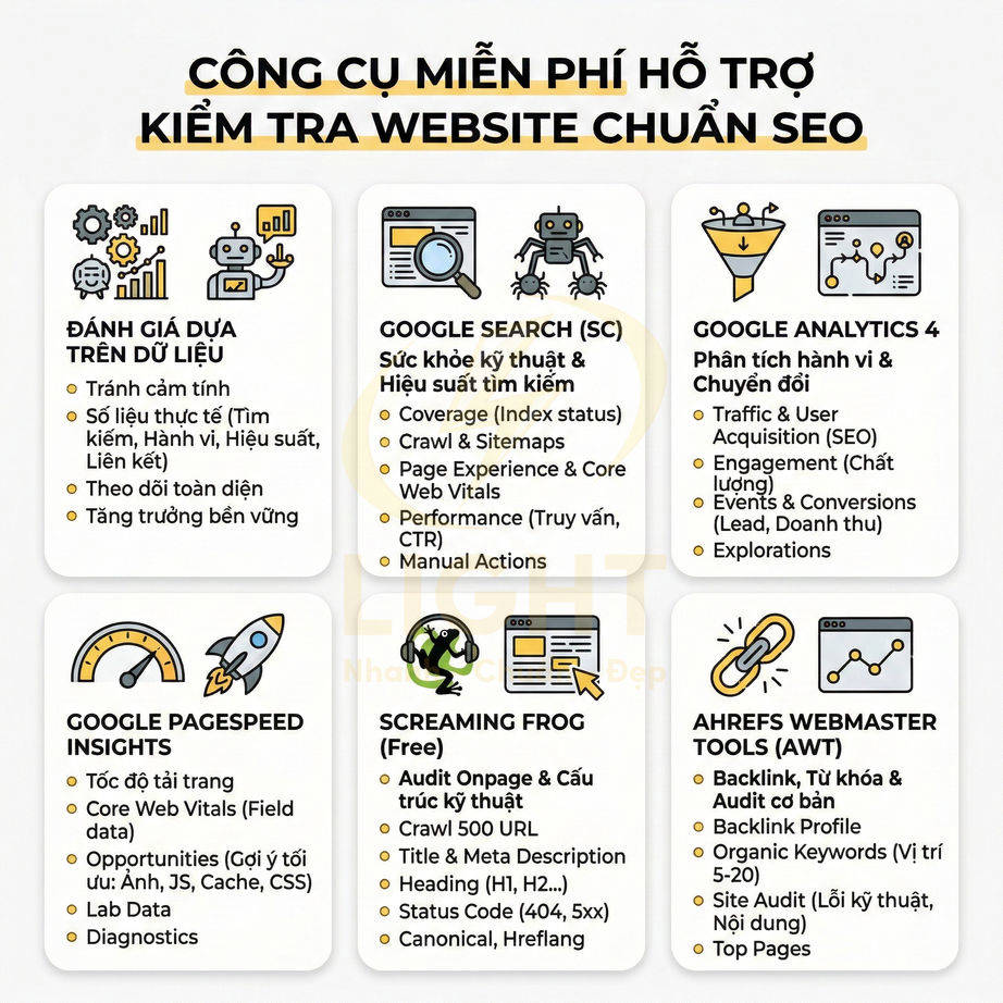 Danh sách công cụ miễn phí kiểm tra website chuẩn SEO như Google Search Console, Analytics, PageSpeed, Screaming Frog, Ahrefs
