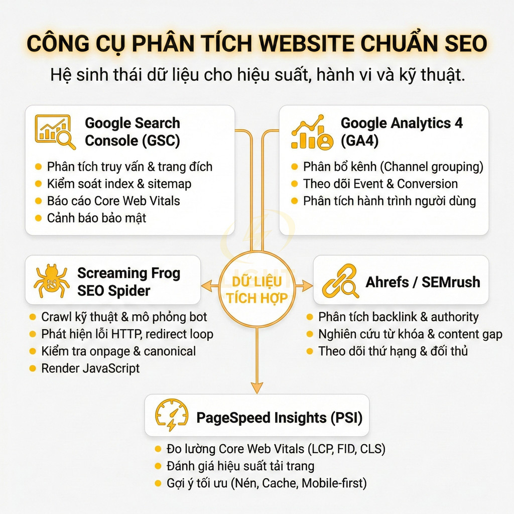 Sơ đồ công cụ phân tích website chuẩn SEO gồm GSC, GA4, Screaming Frog, Ahrefs, SEMrush và PageSpeed Insights