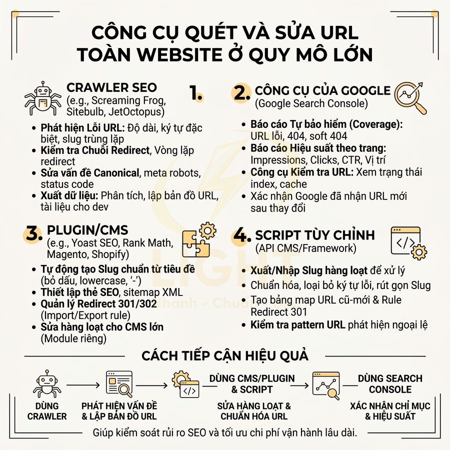 Infographic công cụ quét và sửa URL website quy mô lớn với crawler SEO, plugin CMS, script tùy chỉnh và Google Search Console