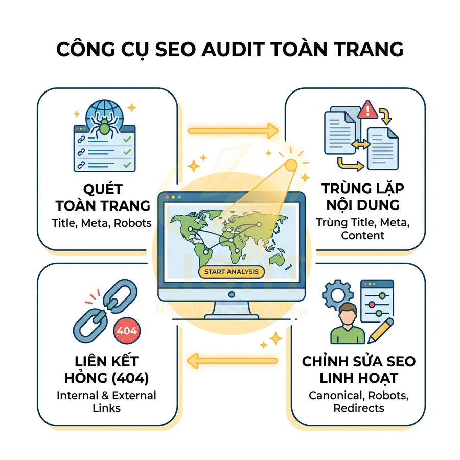 Minh họa công cụ SEO audit toàn trang với các tính năng quét website, phát hiện trùng lặp nội dung và liên kết hỏng