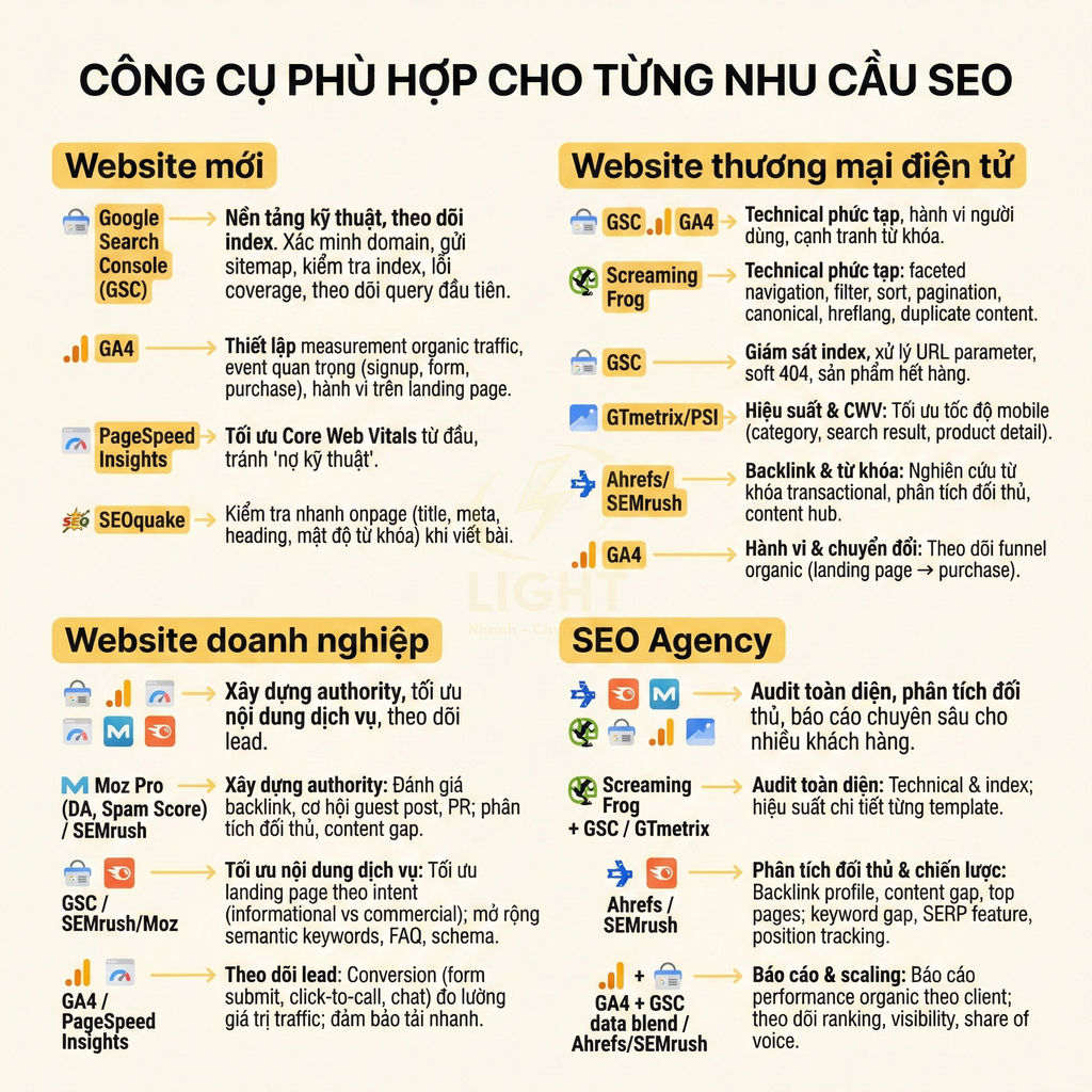 Bảng tổng hợp công cụ SEO phù hợp cho website mới, thương mại điện tử, doanh nghiệp và SEO agency