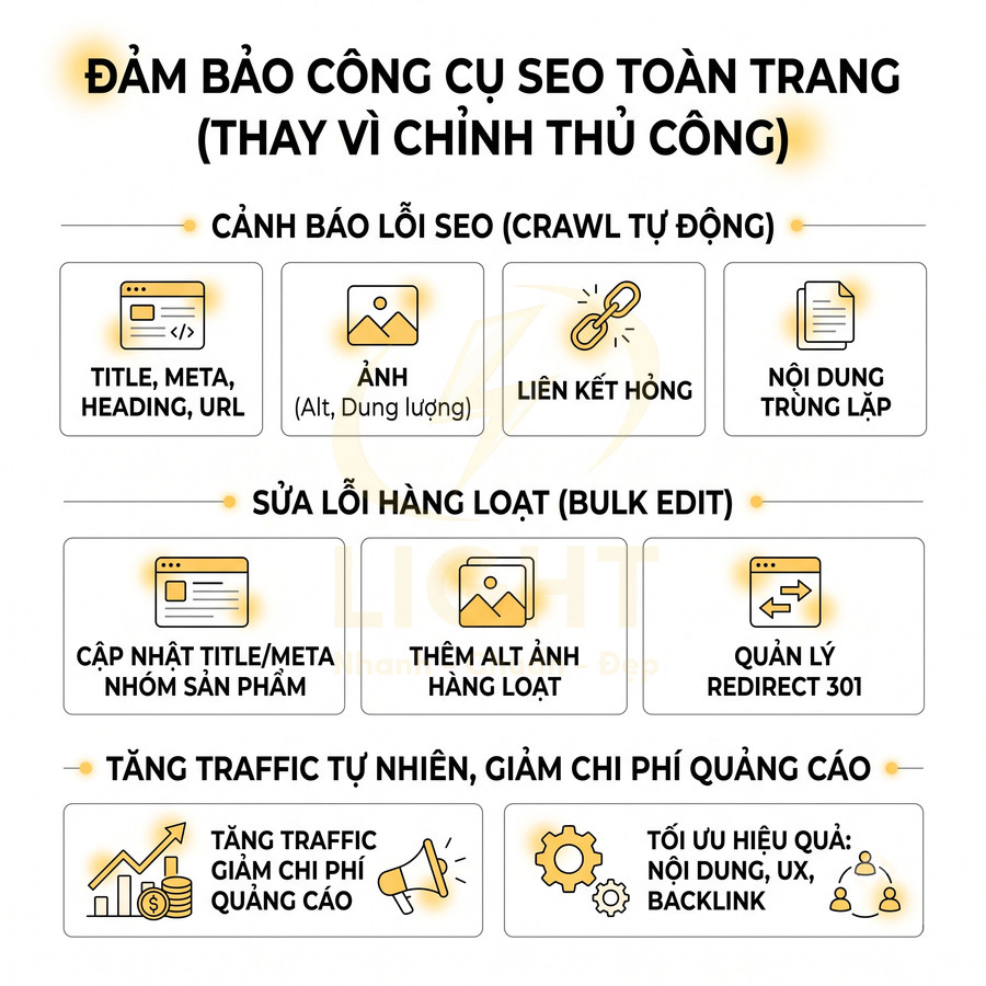 Infographic giới thiệu công cụ SEO toàn trang với tính năng cảnh báo lỗi, sửa lỗi hàng loạt và tăng traffic tự nhiên