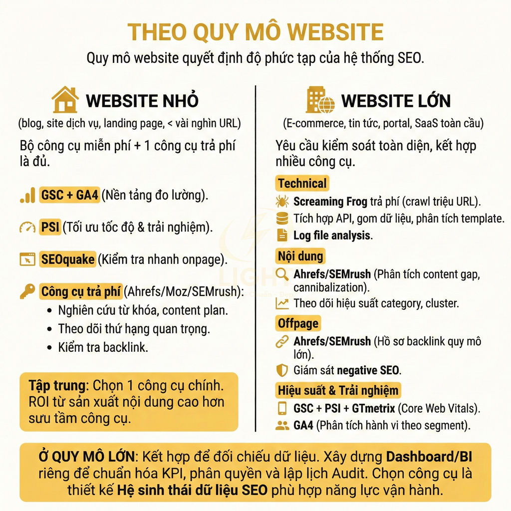 Infographic so sánh bộ công cụ SEO cho website nhỏ và website lớn theo quy mô và mức độ phức tạp