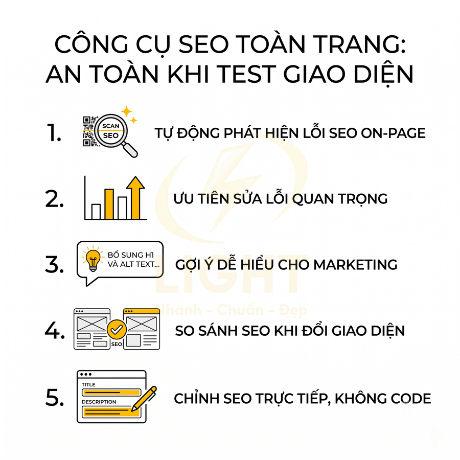 Công cụ SEO toàn trang với 5 tính năng tối ưu onpage, gợi ý sửa lỗi và chỉnh SEO trực tiếp không cần code