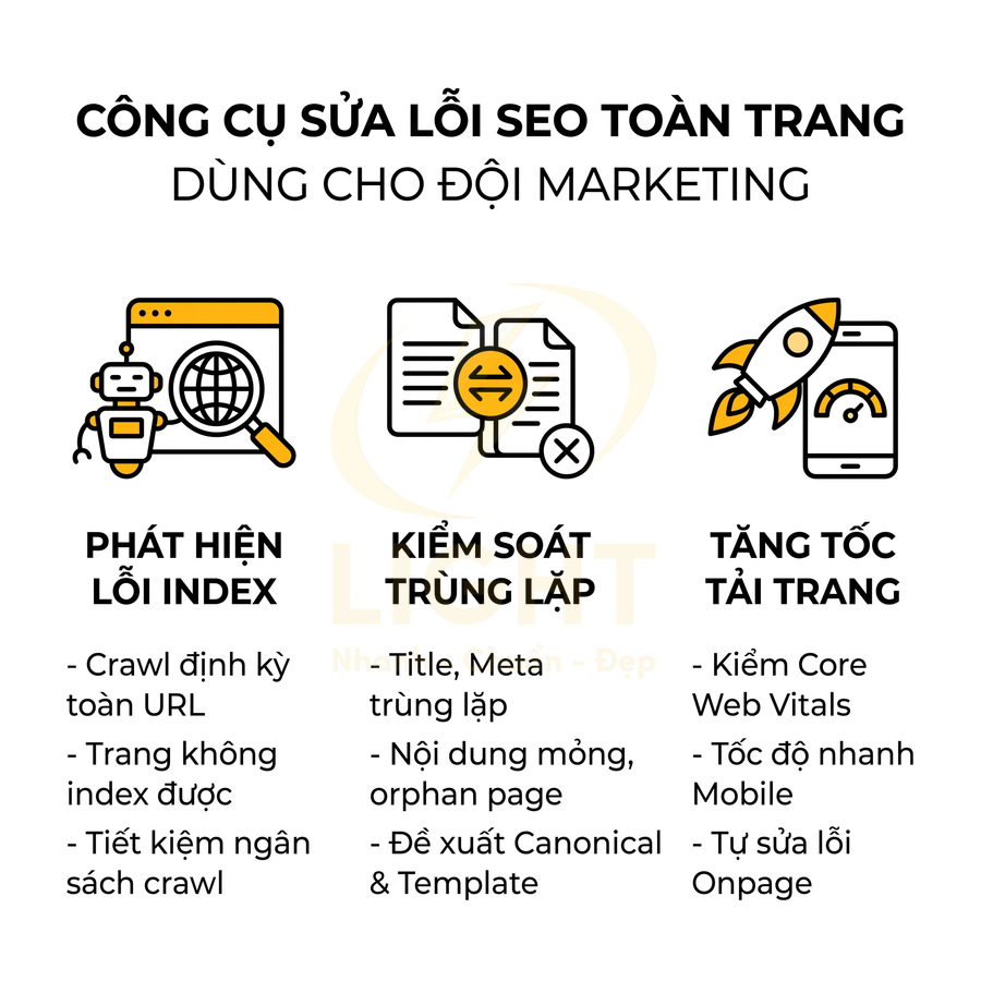 Công cụ sửa lỗi SEO toàn trang cho đội marketing với tính năng phát hiện lỗi index, kiểm soát trùng lặp, tăng tốc tải trang