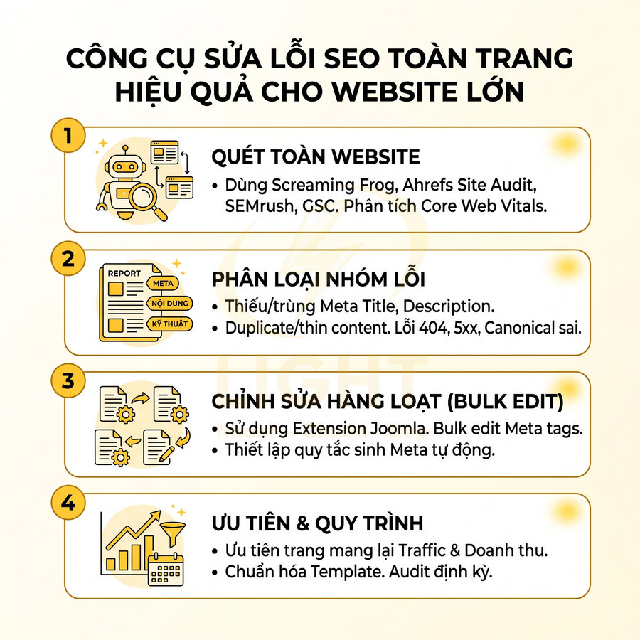 Infographic 4 bước sửa lỗi SEO toàn trang hiệu quả cho website lớn bằng quét site, phân loại lỗi, bulk edit và tối ưu quy trình