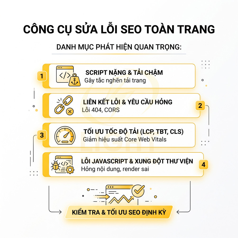 Công cụ sửa lỗi SEO toàn trang với danh sách các lỗi phổ biến và khuyến nghị kiểm tra tối ưu định kỳ