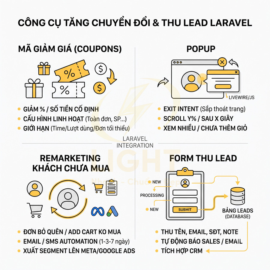 Infographic các công cụ tăng chuyển đổi và thu lead cho website Laravel: mã giảm giá, popup, remarketing, form thu lead