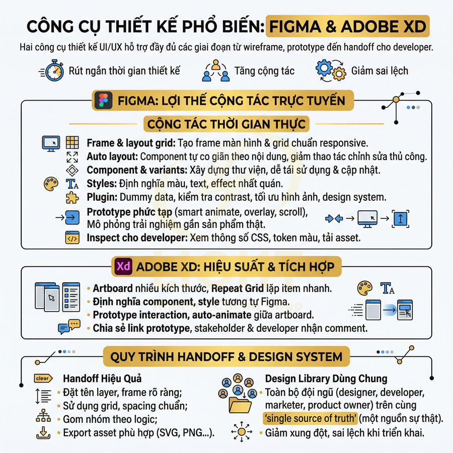 So sánh tính năng công cụ thiết kế UI UX Figma và Adobe XD bằng infographic tiếng Việt