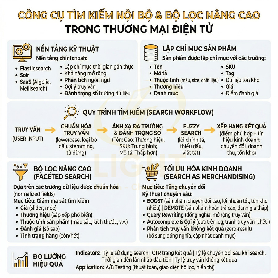Sơ đồ công cụ tìm kiếm nội bộ và bộ lọc nâng cao trong thương mại điện tử với các bước và chỉ số tối ưu hóa