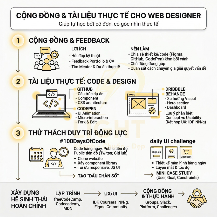 Infographic hướng dẫn cộng đồng và tài liệu thực tế cho web designer, gồm nguồn code, design và thử thách duy trì động lực