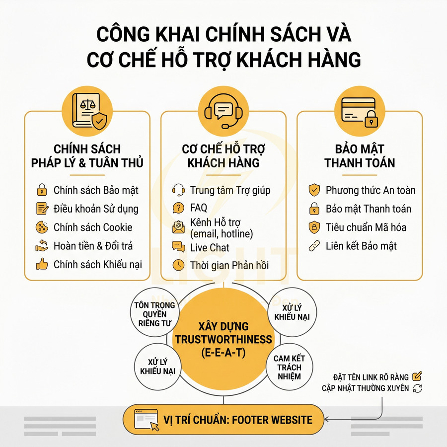 Infographic công khai chính sách, cơ chế hỗ trợ khách hàng và bảo mật thanh toán trên website