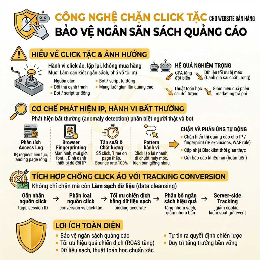 Infographic công nghệ chặn click tặc bảo vệ ngân sách quảng cáo cho website bán hàng