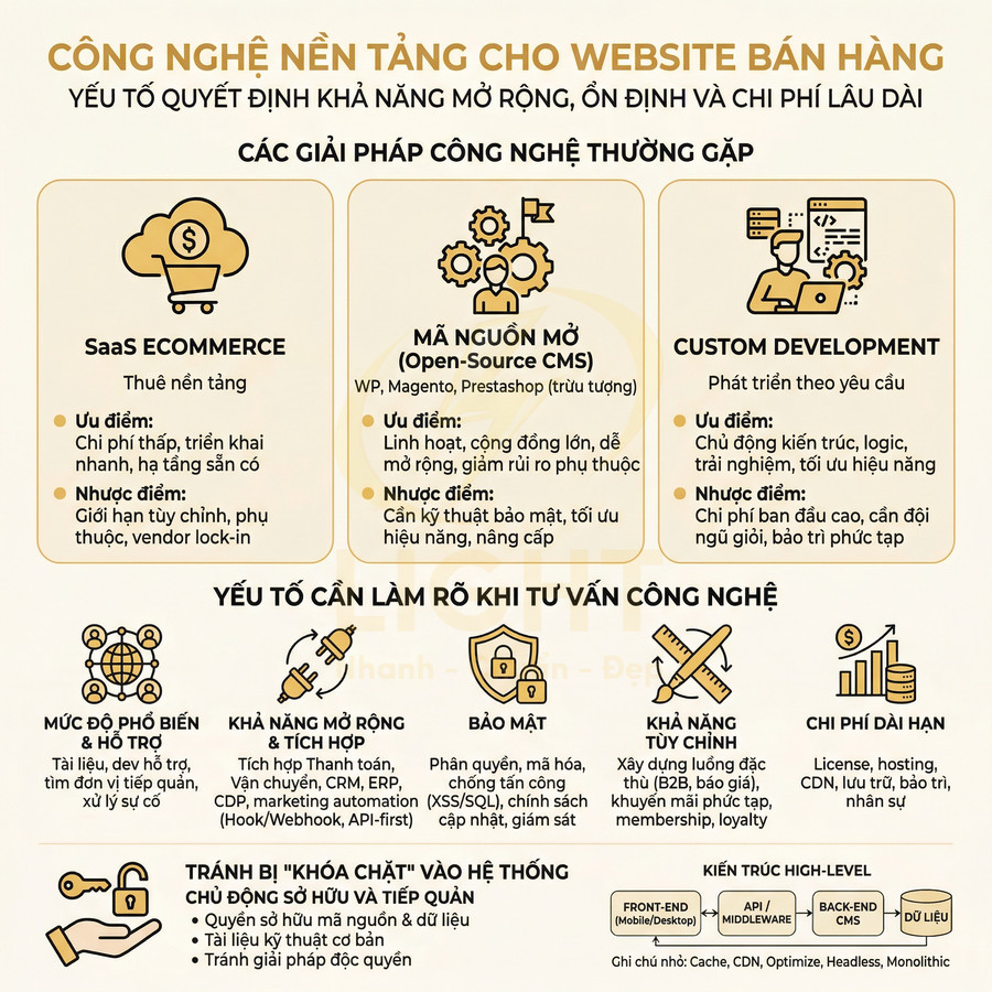 Infographic so sánh các giải pháp công nghệ nền tảng cho website bán hàng và yếu tố cần lưu ý khi tư vấn công nghệ