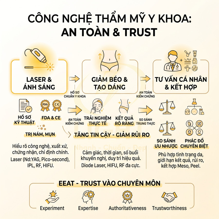 Infographic quy trình công nghệ thẩm mỹ y khoa với laser ánh sáng, giảm béo tạo dáng và tư vấn cá nhân