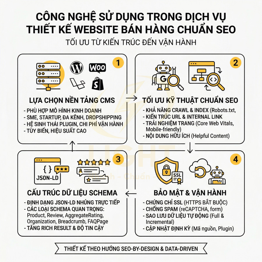 Infographic công nghệ dùng trong dịch vụ thiết kế website bán hàng chuẩn SEO từ kiến trúc đến vận hành