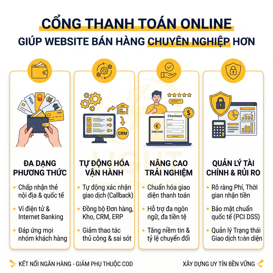 Banner giới thiệu cổng thanh toán online với các lợi ích đa dạng phương thức, tự động hóa vận hành, nâng cao trải nghiệm