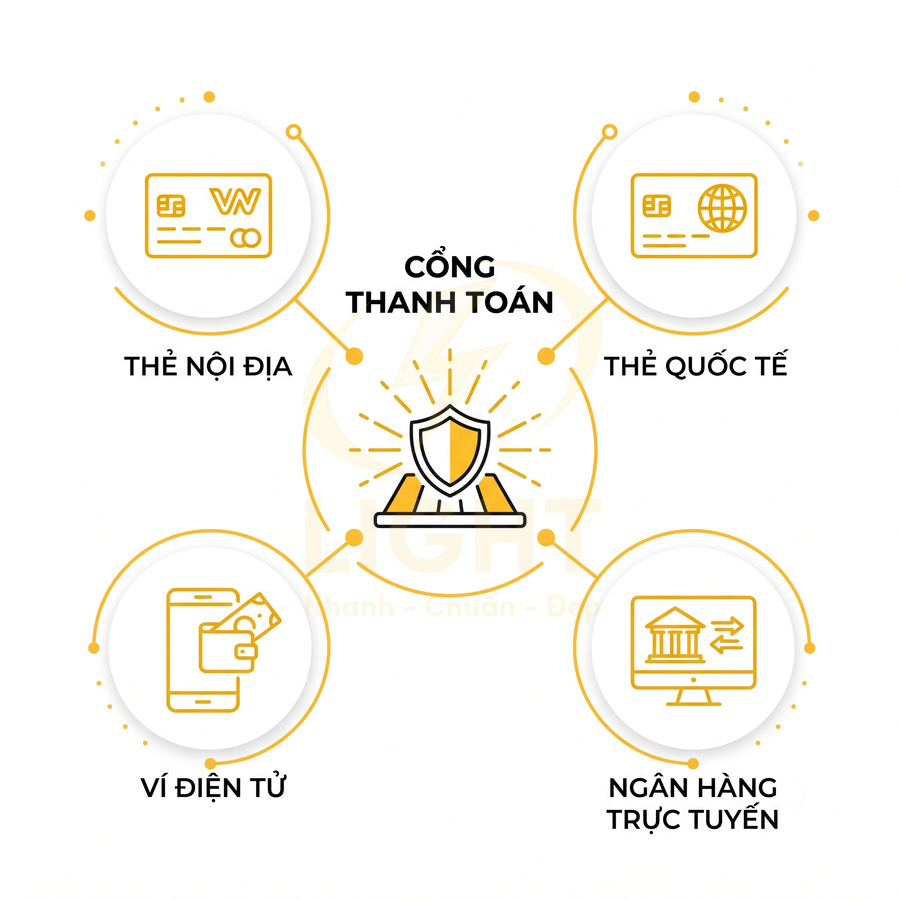 Cổng thanh toán hỗ trợ thẻ nội địa, thẻ quốc tế, ví điện tử và ngân hàng trực tuyến