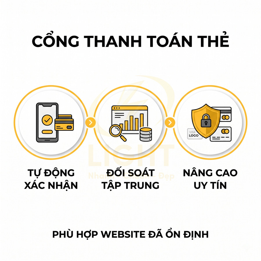 Minh họa lợi ích cổng thanh toán thẻ cho website gồm tự động xác nhận, đối soát tập trung và bảo mật nâng cao uy tín