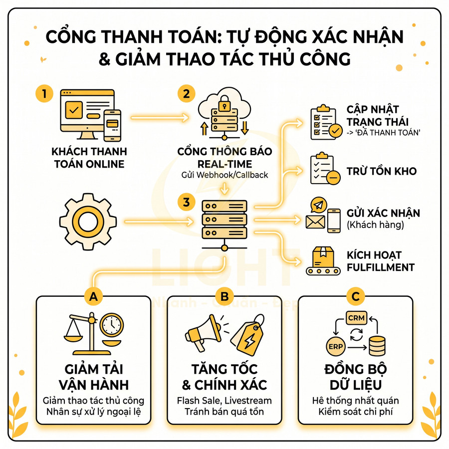 Mô hình quy trình cổng thanh toán tự động xác nhận, trừ tồn kho, gửi thông báo và đồng bộ dữ liệu vận hành