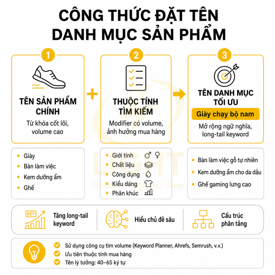 Công thức đặt tên danh mục sản phẩm chuẩn SEO với ví dụ giày chạy bộ nam và các thuộc tính tìm kiếm gợi ý