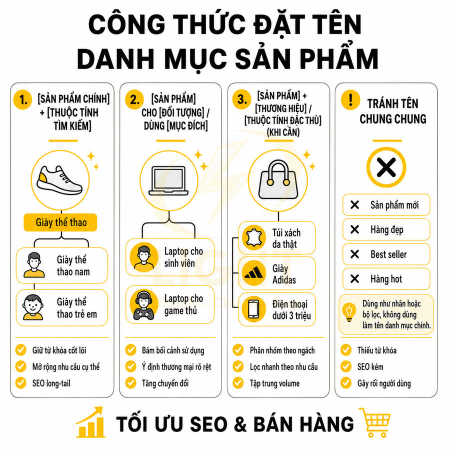 Công thức đặt tên danh mục sản phẩm tối ưu SEO với ví dụ giày thể thao, laptop, túi xách da thật, giày Adidas, điện thoại giá rẻ