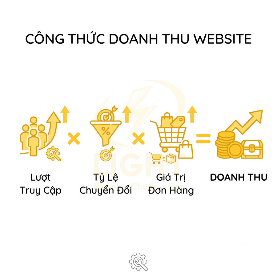 Công thức doanh thu website với lượt truy cập nhân tỷ lệ chuyển đổi nhân giá trị đơn hàng bằng doanh thu