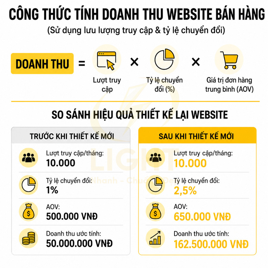 Công thức tính doanh thu website bán hàng và bảng so sánh hiệu quả trước và sau khi thiết kế lại