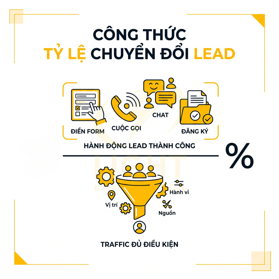 Công thức tính tỷ lệ chuyển đổi lead từ traffic đủ điều kiện qua điền form, cuộc gọi, chat và đăng ký
