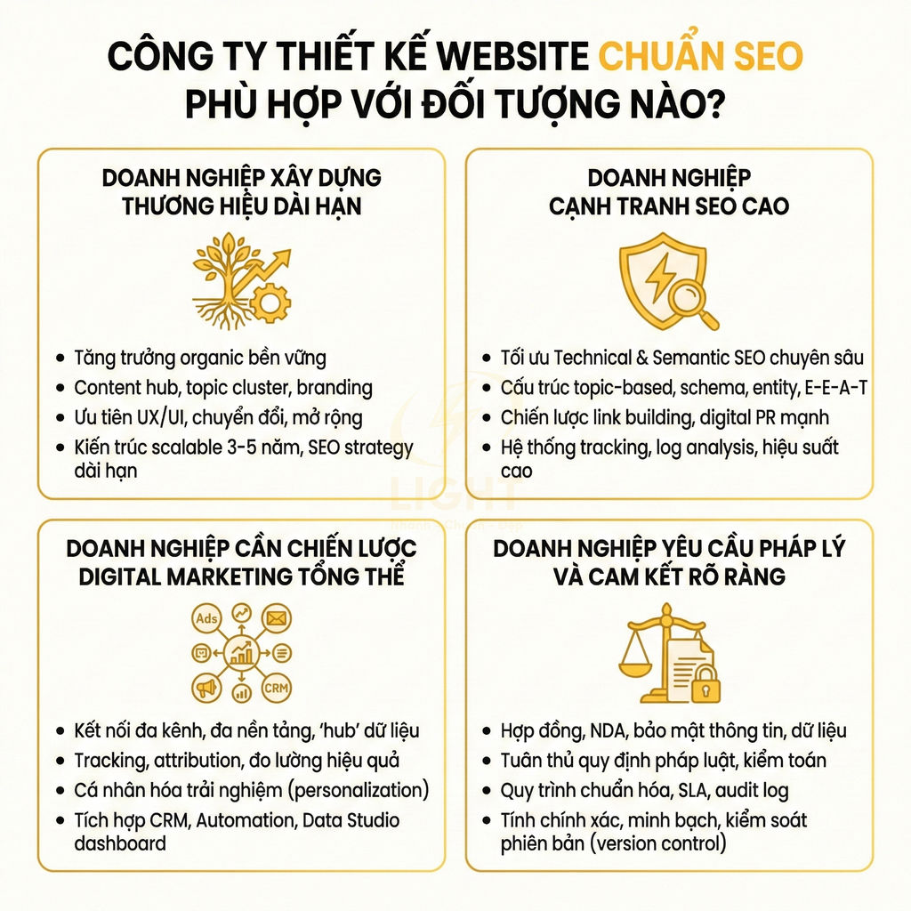 Infographic giới thiệu dịch vụ thiết kế website chuẩn SEO cho các loại hình doanh nghiệp khác nhau