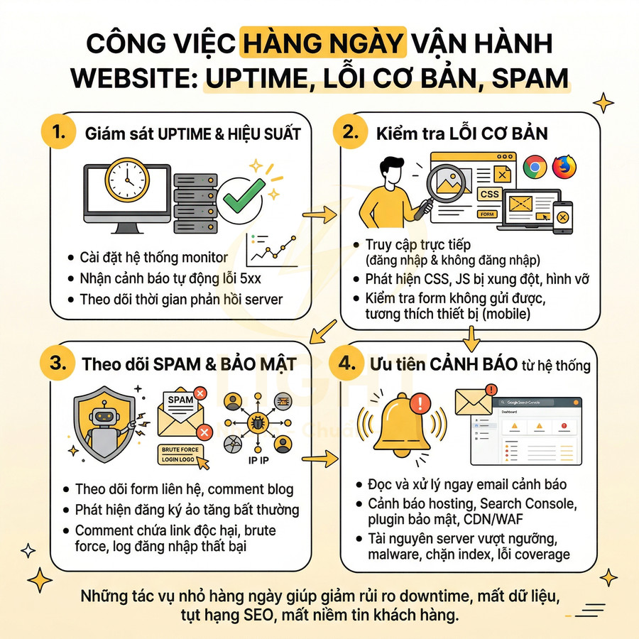 Infographic các công việc hàng ngày vận hành website về uptime, lỗi cơ bản, spam và bảo mật