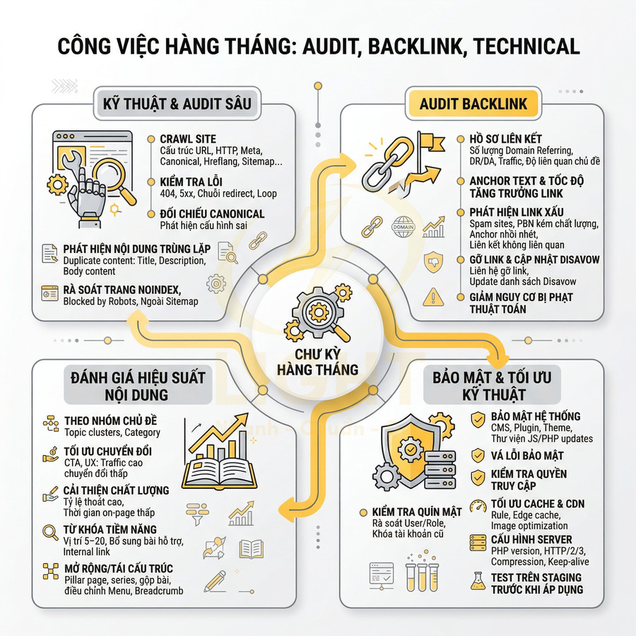 Checklist công việc SEO hàng tháng về audit kỹ thuật, backlink, bảo mật và tối ưu nội dung website