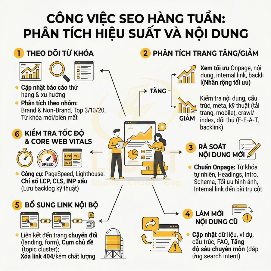 Checklist công việc SEO hàng tuần phân tích hiệu suất và nội dung với 6 bước minh họa trực quan