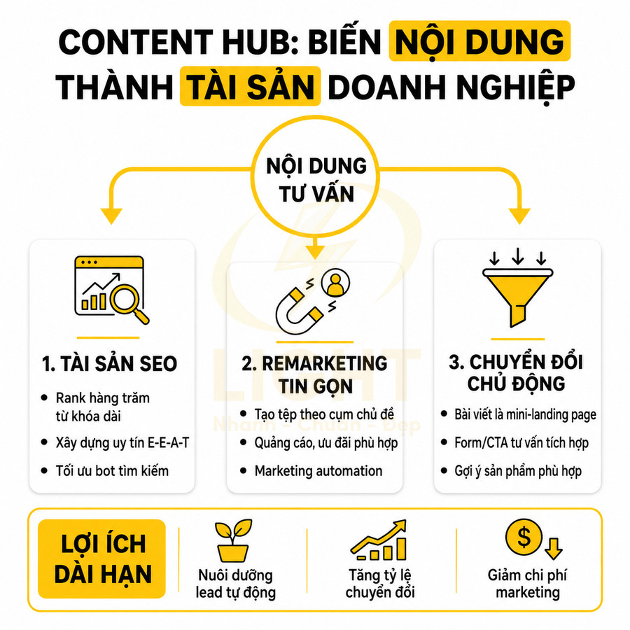 Mô hình content hub biến nội dung tư vấn thành tài sản SEO, remarketing và chuyển đổi chủ động cho doanh nghiệp