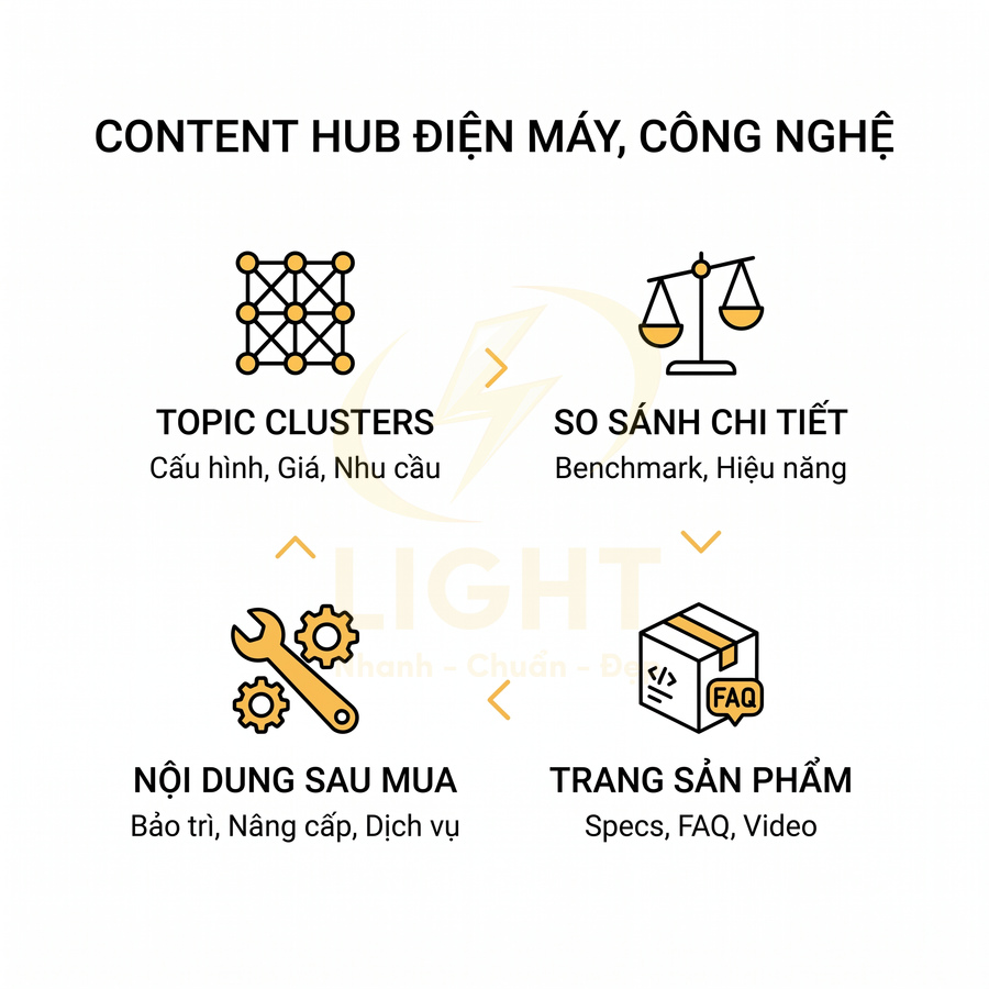 Mô hình content hub điện máy công nghệ với topic clusters, so sánh chi tiết, nội dung sau mua và trang sản phẩm