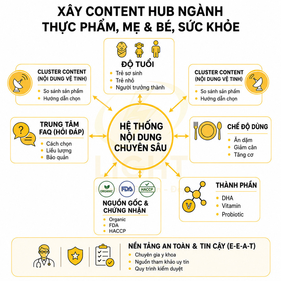 Sơ đồ xây content hub cho ngành thực phẩm mẹ và bé sức khỏe với các nhóm nội dung chuyên sâu