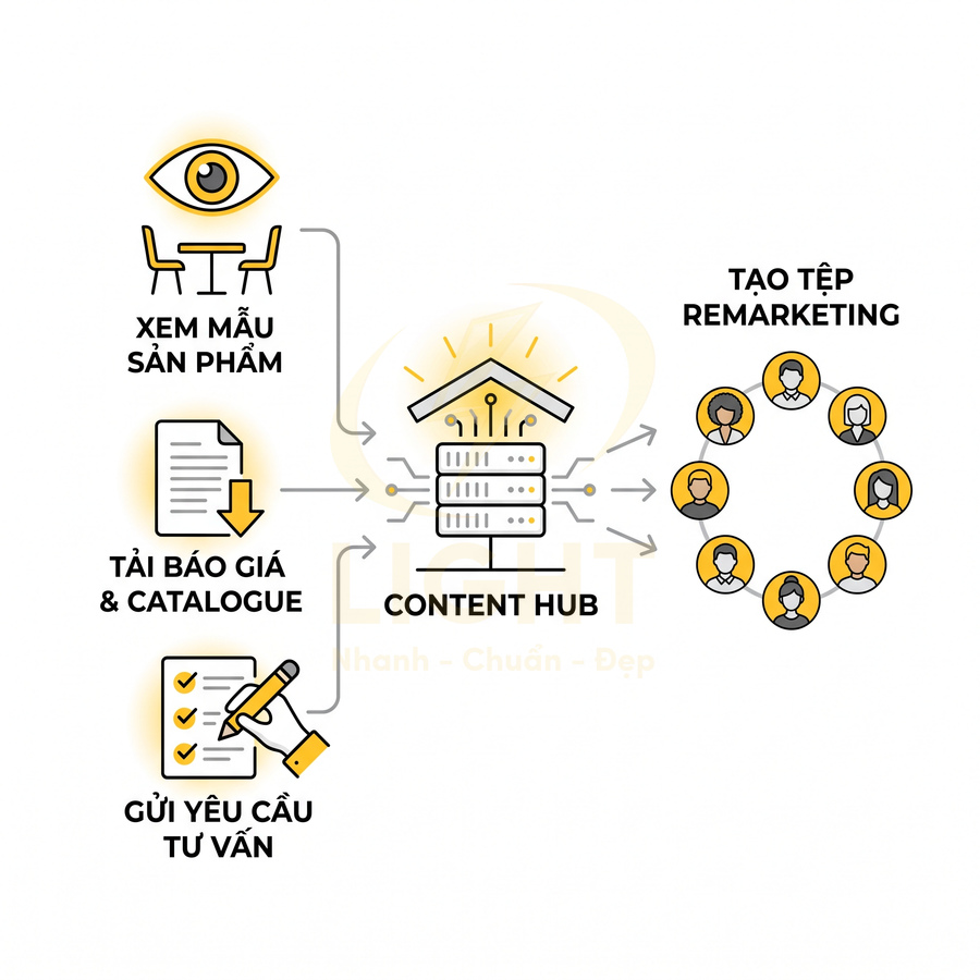 Mô hình content hub cho marketing với các bước xem mẫu sản phẩm, tải báo giá catalogue, gửi yêu cầu tư vấn, tạo tệp remarketing
