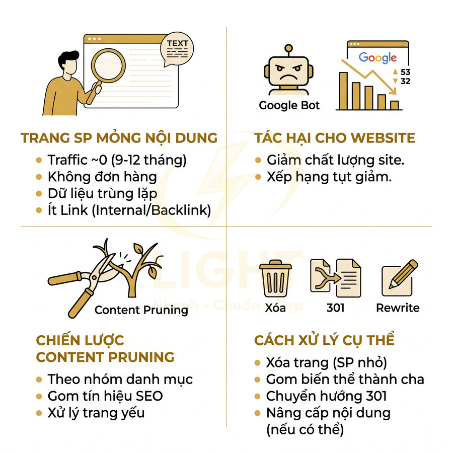 Infographic content pruning xử lý trang sản phẩm mỏng nội dung để cải thiện SEO và thứ hạng website