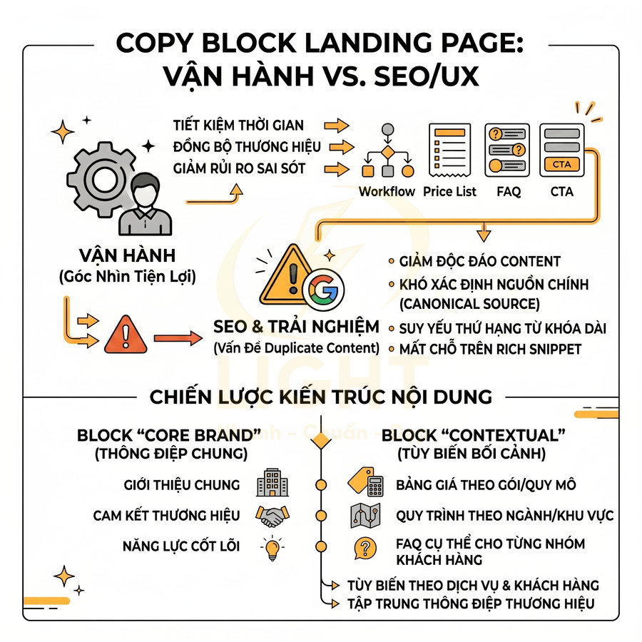 Infographic so sánh copy block landing page giữa vận hành và SEO UX và chiến lược kiến trúc nội dung