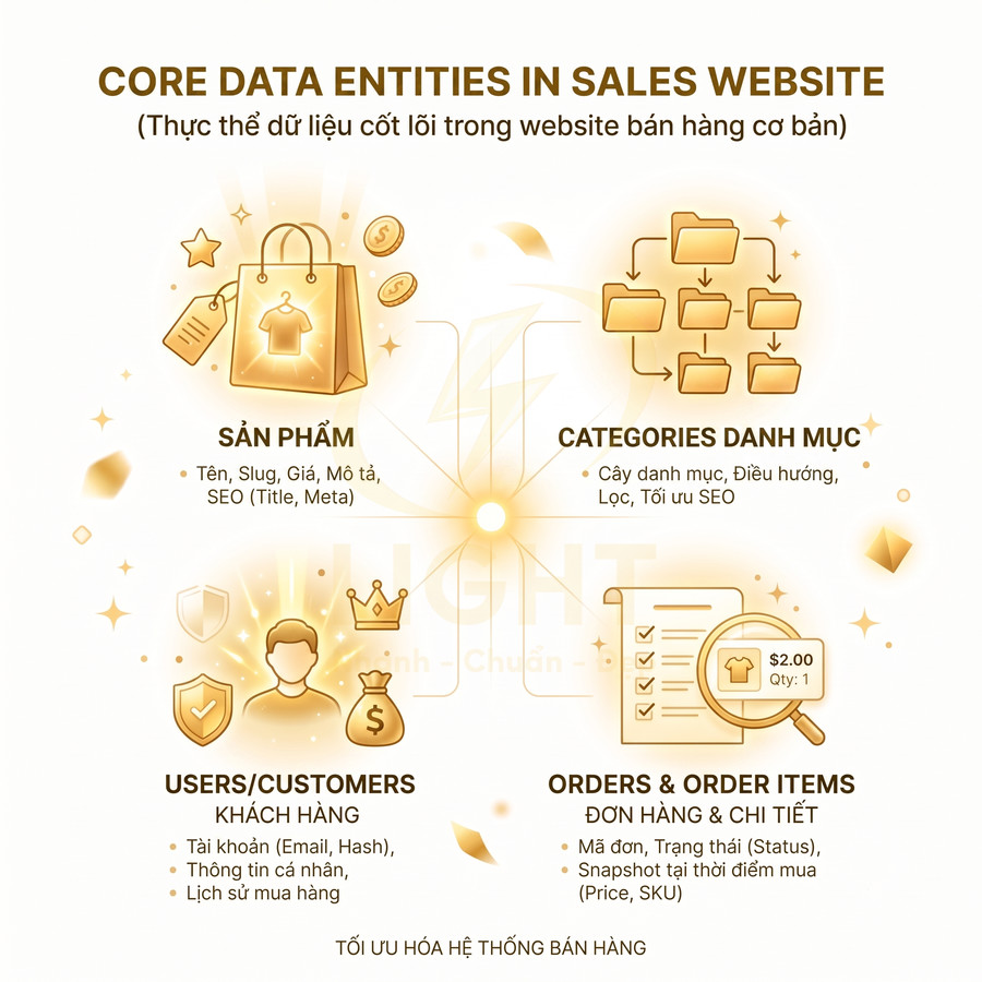 Infographic thực thể dữ liệu cốt lõi cho website bán hàng gồm sản phẩm, danh mục, khách hàng, đơn hàng