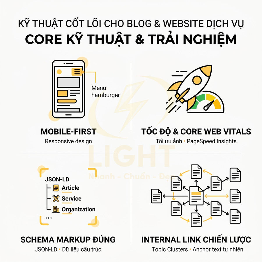 Kỹ thuật cốt lõi tối ưu blog và website dịch vụ với mobile first, tốc độ web, schema markup và internal link chiến lược