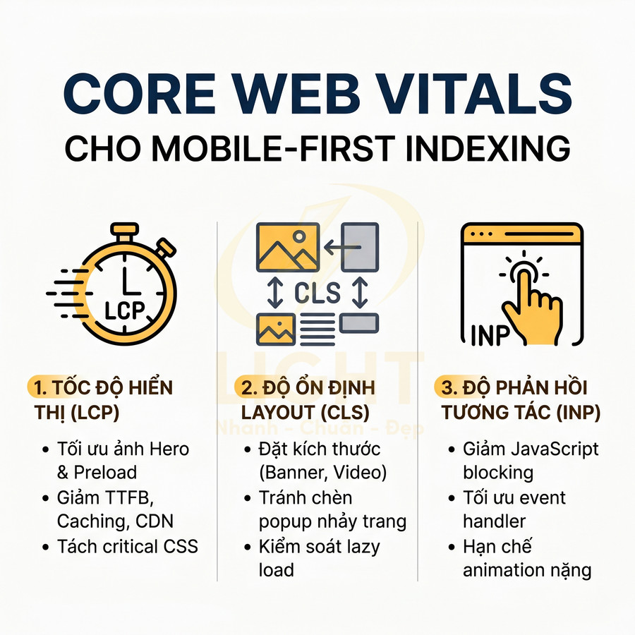 Core Web Vitals cho mobile first indexing với LCP CLS INP và các gợi ý tối ưu tốc độ hiển thị và tương tác