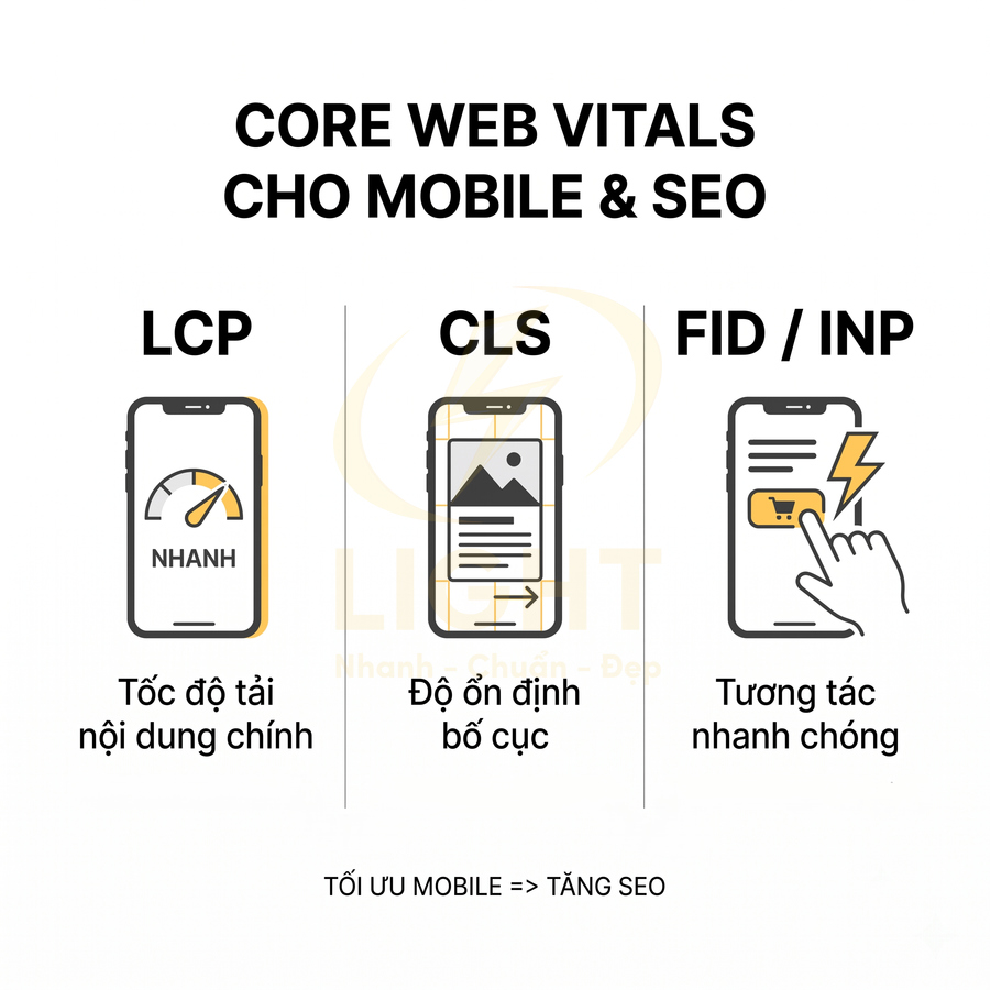 Minh họa Core Web Vitals cho mobile với LCP, CLS, FID INP tối ưu tốc độ tải, bố cục và tương tác để cải thiện SEO