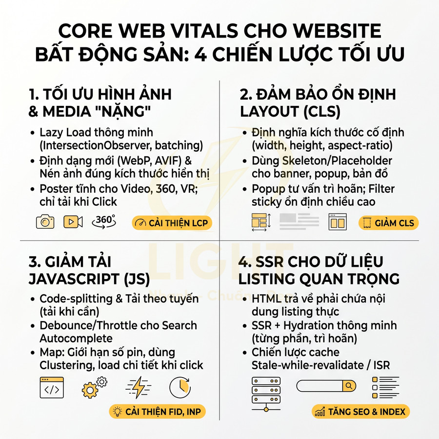 Infographic Core Web Vitals cho website bất động sản với 4 chiến lược tối ưu tốc độ và trải nghiệm người dùng
