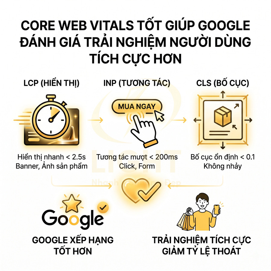 Minh họa Core Web Vitals LCP INP CLS giúp Google xếp hạng tốt hơn và cải thiện trải nghiệm người dùng