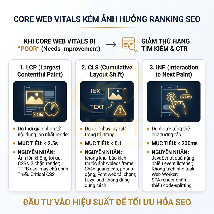 Infographic giải thích Core Web Vitals LCP CLS INP kém làm giảm thứ hạng SEO và kêu gọi tối ưu hiệu suất website