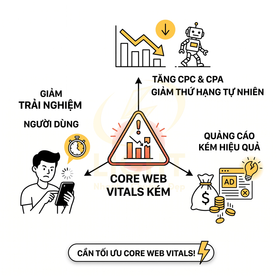 Minh họa tác hại của Core Web Vitals kém đến trải nghiệm người dùng, thứ hạng SEO và hiệu quả quảng cáo